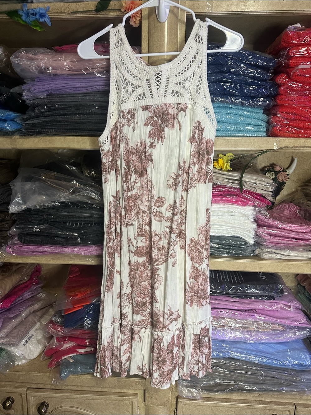 Maurices Cream Maxi Dress with Brown Floral Print and Crochet Yoke